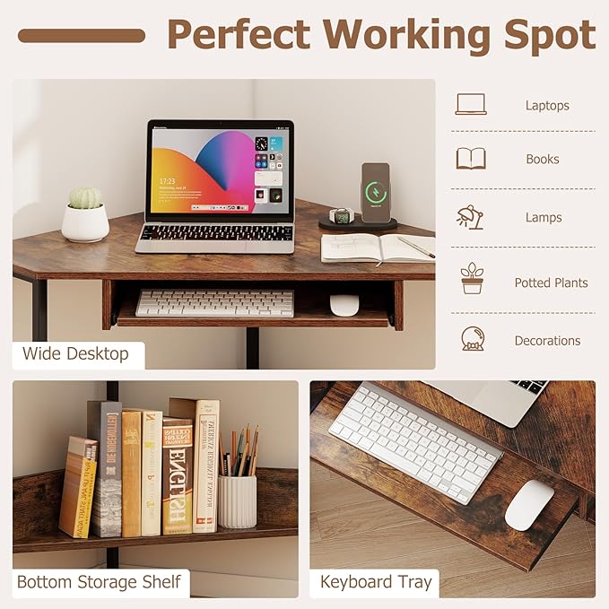 Tangkula Corner Desk with Keyboard Tray 90-Degree Triangle Corner Computer Desk for Small Space Industrial Writing Desk with Storage Shelf Space-Saving Laptop PC Desk (Rustic Brown)