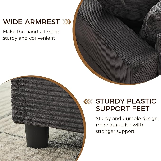 Chaise Lounge Chair IndoorOversized Corduroy Upholstered Sofa Bed with Removable Storage Ottoman Small Cloud Sofas for Living Room Comfy Deep Seat Sleeper Couch Reading Chairs (Gray)