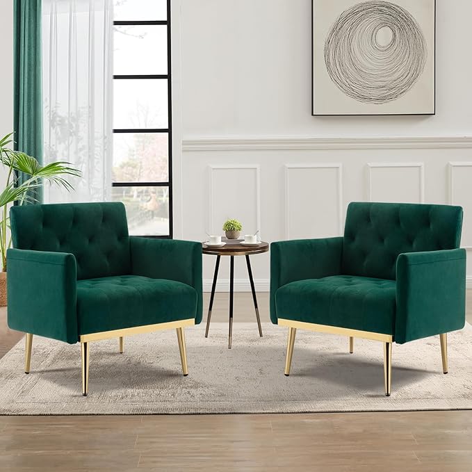 Green Velvet Accent Chairs Set of 2 Comfy Button Tufted Armchair Upholstered Arm Chair Single Sofa Reading Chairs with Arms and Gold Metal Leg for Living Room Bedroom Nursery Office