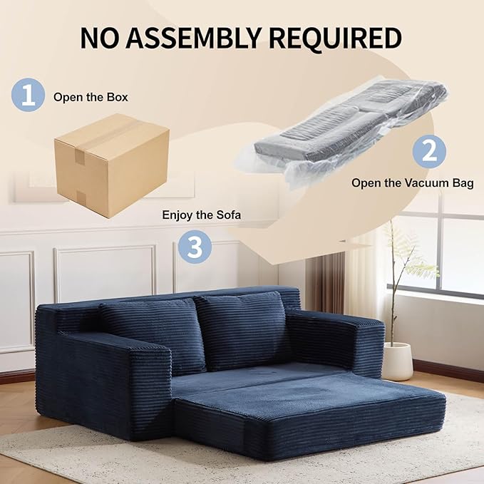 72 Boneless Loveseat Couch Foldable Pull Out Sofa Bed with 2 Pillows Corduroy Floor Sofa for Apartment Living Room Bedroom Guest Room No Assembly (Dark Blue)