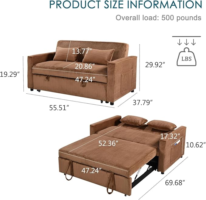Sleeper Sofa with Pull Out Sofa BedCorduroy Futon Sofa Bed with 3 Level Adjustable Backrest &amp Storage Pockets and 2 Toss PillowsModern Couch Bed for Living RoomBedroom（Brown）