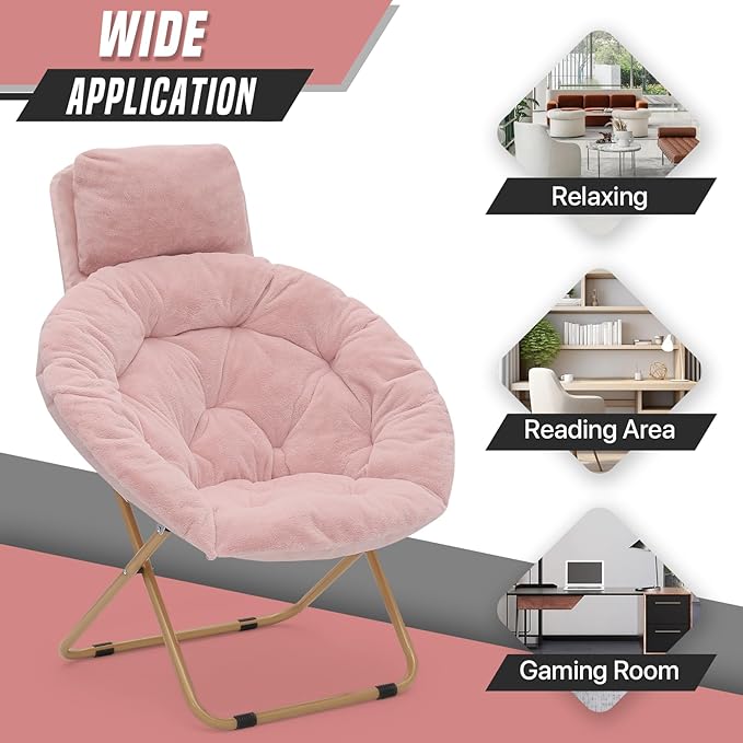 Round Comfy Saucer Chair with Headrest Large Cozy Metal Frame Cozy Lounge Lazy Chair Folding Faux Fur Saucer Chair for Adults Foldable Papasan Moon Chair