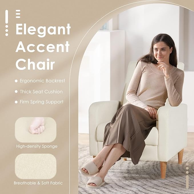 COLAMY Mid-Century Modern Upholstered Accent Chair with Back Pillow &amp Solid Wood Legs Fabric Cozy Armchair for Living Room Bedroom Reading Nook Apartment &amp Small Spaces Beige