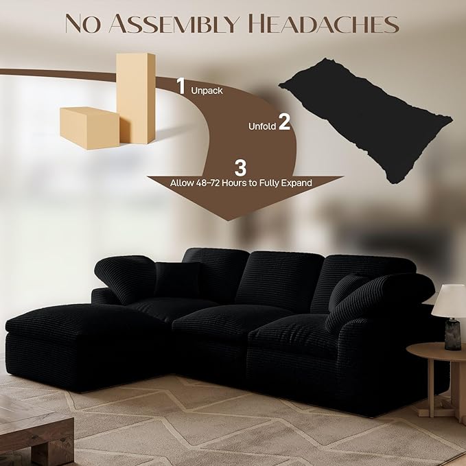 Cloud Sectional Couches for Living Room L Shaped Modular Sectional Sofa with Ottoman Convertible Corduroy Couch for Apartment 4 Seater Boneless Comfy Cloud Sofa No-Assembly Black