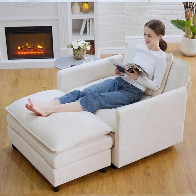 Oversized Accent Chair with Ottoman Beige Chenille Modern Cloud Chaise Lounge Chair Indoor with Deep Seat Upholstered Comfy Armchair Reading Chair for Bedroom Living Room Apartment