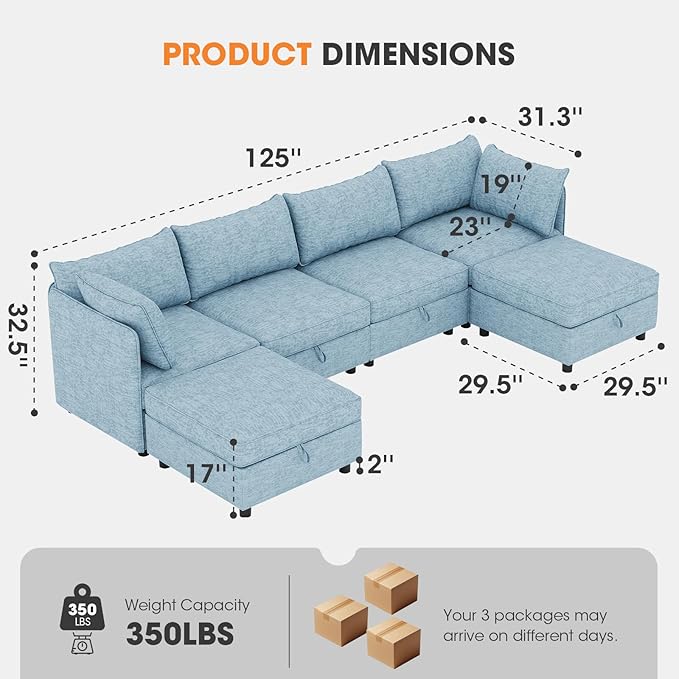 6 Seat Modular Sectional Sofa with Storage Convertible Sectional Couch Modular Sofa with Chaise Living Room Furniture Sets U Shaped Couch with Ottoman Couches for Living Room Blue
