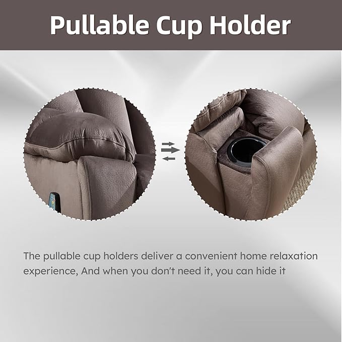 CANMOV Manual Recliner Sofa Set-Soft Fabric Reclining Living Room Sets Single Chair and Love Seating Massage Heated Recliner Couch with Cup HoldersSide Pocket for Adults Elderly Dark Brown
