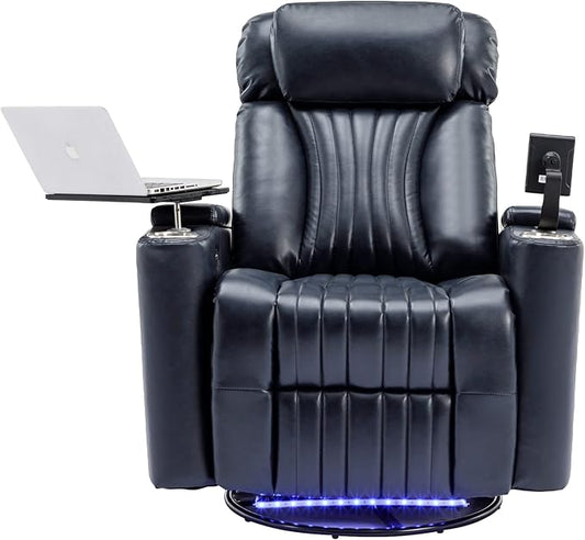 Merax 270 Degrees Power Swivel ReclinerHome Theater Seating with Hidden Arm Storage and LED Light StripCup Holder360 Degrees Swivel Tray Tableand Cell Phone HolderSoft Living Room ChairBlue