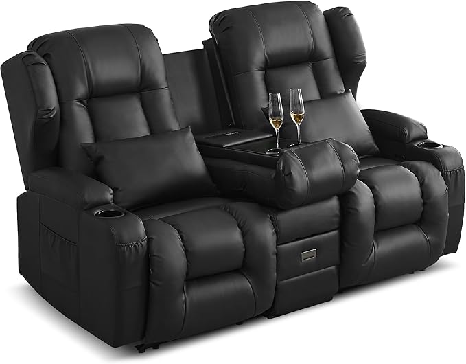 DRMBOOK RV Loveseat Recliner Sofa Double Wall Hugger Reclining Couches Manual Reclinable Movie Seating 2 Person Recliner for Travel Trailer (Leather Black 2 Seater with Reversible Console)