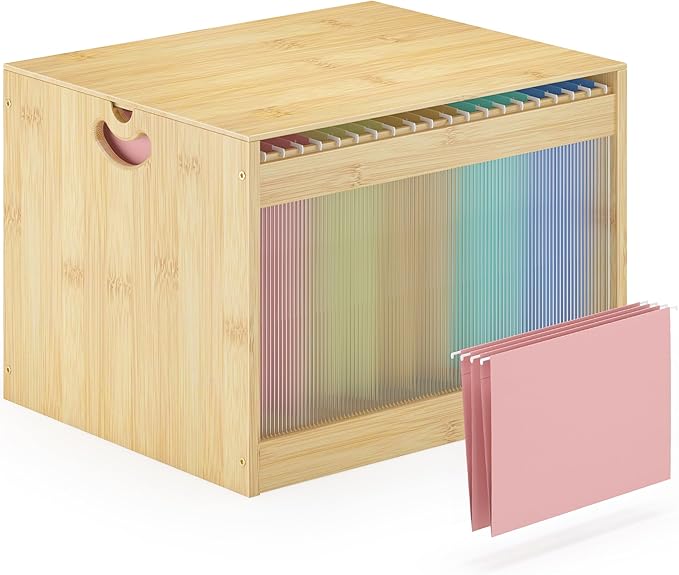 Hanging File Box Organizer for Letter Size Bamboo Acrylic File Folder Storage with Lid Clear Moving Boxes Wooden with Handle Desktop Wood Filing Holder for Office Banker Document Nature 1 Pack