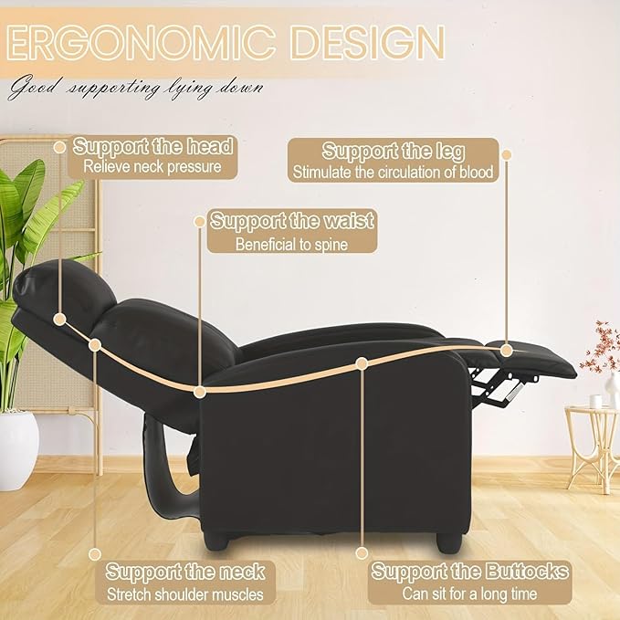 Massage Recliner Chair PU Leather Recliner Chair Recliner Sofa for Adults Home Theater Seating with Lumbar Support Bedroom Living Room Chair with Padded Seat Backrest Black