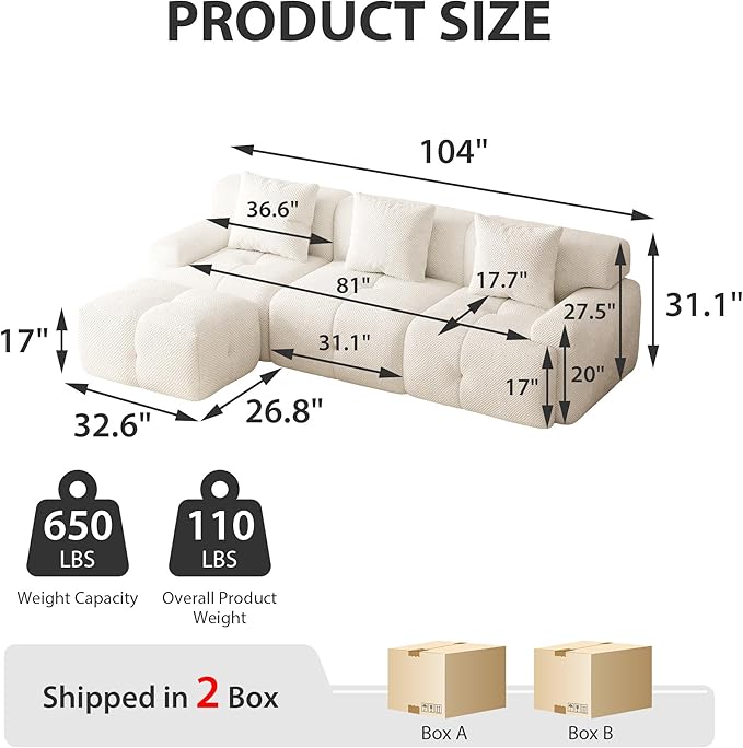 Chifee &amp Vingol 104 Modular Sectional Sofa with 1 Ottoman &amp 3 Pillows 4 Seat Upholstered Cloud Boneless Sectional Couch for Living RoomIvory