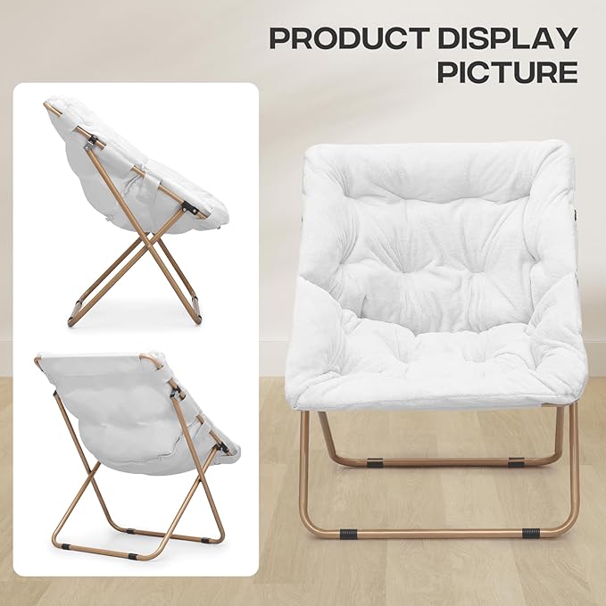 Cozy Saucer Chair Living Room Chair Faux Fur Soft Thick Padded Folding Chair Comfortable Square Moon Chair for Living Room Bedroom Reading Nook Modern Style 2 Pack White