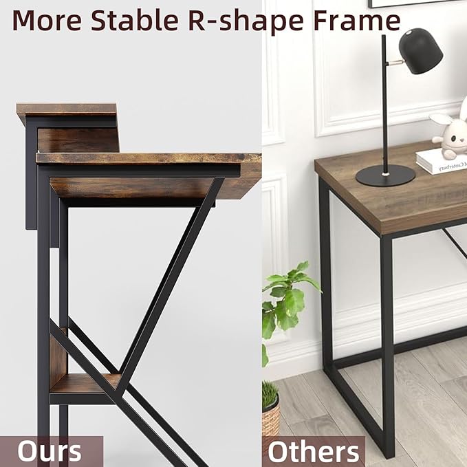 COTUBLR Small Desk 27.5 Inch Small Computer Desk for Small Spaces Computer Desk with Adjustable Monitor Stand Compact Desk with Storage Tiny Desk Study Desk for Bedroom Home Office Rustic Brown