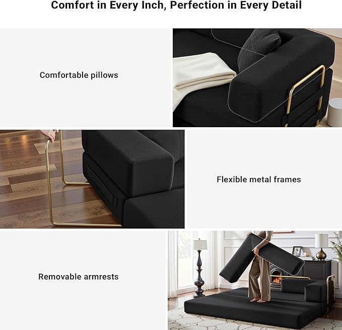 78 Convertible Sleeper Sofa Bed Corduroy Folding Sofa Bed with Fixed-Shape Frame Fold Out Floor Mattress Couch Lazy Compression Sofas for Living Room Bedroom No Assembly Required Black