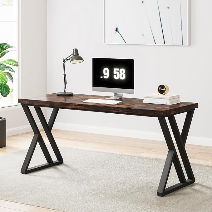 Tribesigns Writing Computer Desk 55 inch Heavy Duty Study Desk with Z-Shaped Metal Leg Modern Simple Home Office Computer Desk Rustic Brown
