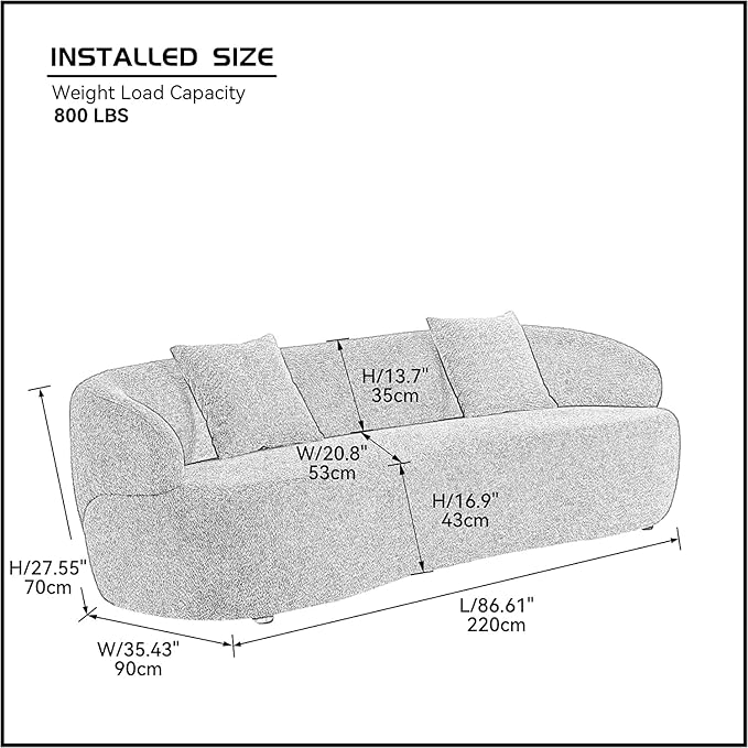 86.60'' Mid Century Modern Curved Sofa 3 Seat Cloud Couch Boucle Sofa Fabric Couch for Living Room Bedroom Office (Brown)