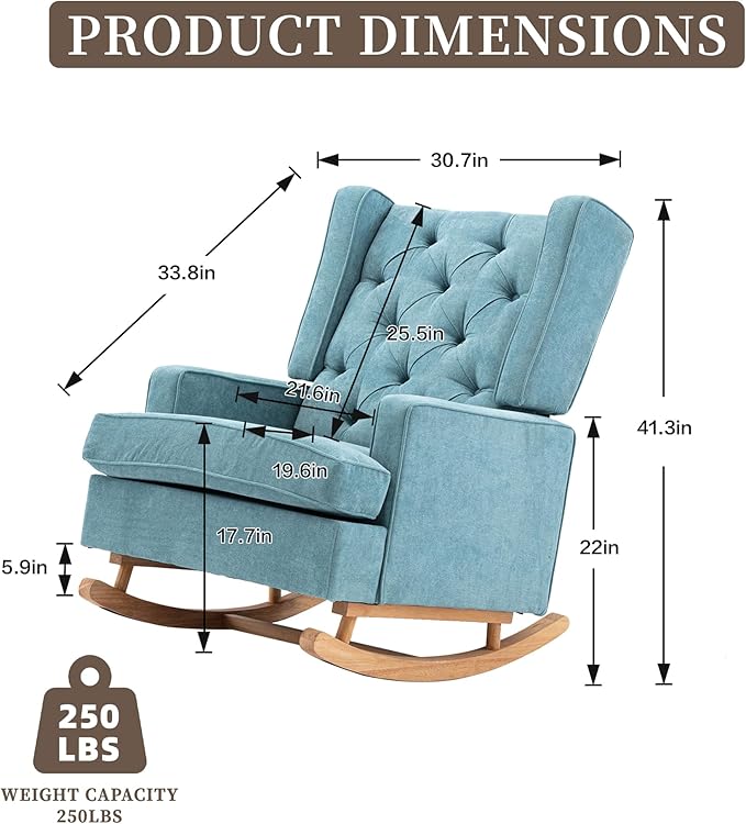 QQU Rocking Chair with Arms Leisure Chair IndoorComfy High Back Chair with Solid Wood Base Side Pocket for Living RoomBedroomOffice(A-Mint Green)