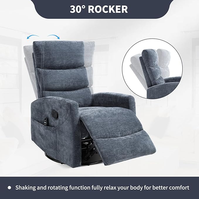Swivel Recliner with Heat and Massage Rocker Recliner Chair for Living RoomGlider Recliner Nursery Chair with Black Metal Base/Adjustable Backrest and Footrest (Fabric Blue)