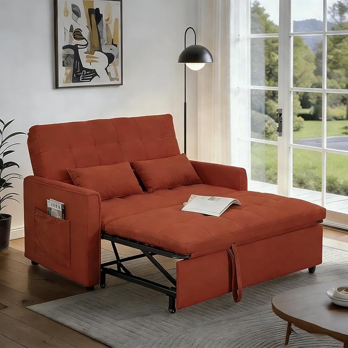 66 Red Sofa Sleeper Loveseat Sofa Bed Queen Size Pull Out Couch with 2 Pillows Pocket &amp Adjustable Backrest Small Couch Bed for Small Spaces Bedroom Apartment Living Room | Convertible Adj