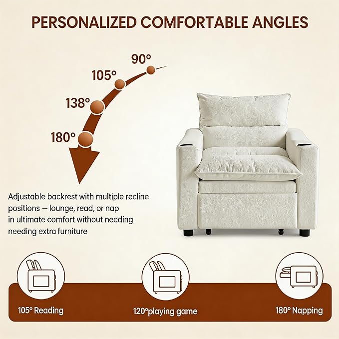 Casaphoria Convertible Sleeper Chair 66.54 Futon Sofa Bed Single Sleeper Sofa Small Couch Bed with Adjustable Backrest for College Dorm Bedroom Studio Apartment