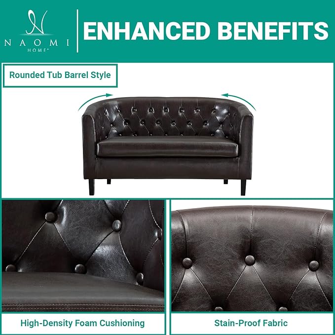 Emma Modern Loveseat Sofa – Faux Leather Love Seat Couch with Plush Cushions Solid Wood Frame Button-Tufted Design Stain-Proof Upholstery Small Loveseat for Bedroom Office &amp Small Spaces