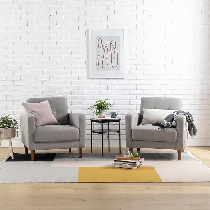 Mellow ADAIR Mid-Century Modern Armchair with Armrest Pockets Tufted Linen Fabric Light Grey