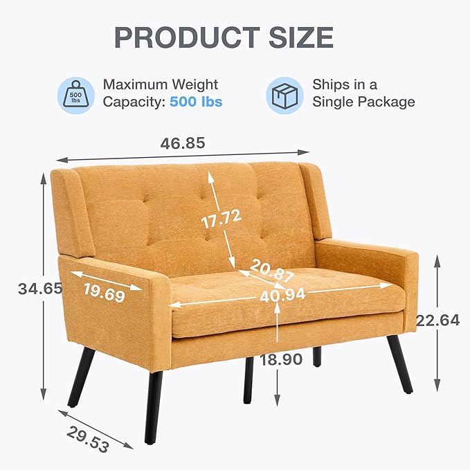 Mid-Century Modern 47 Small Loveseat &amp 2 Accent Chair Set Plush Linen Fabric with Button Tufted High Back &amp Solid Wood Legs for Apartment Living Room Bedroom Home Office (Yellow 3-Piece
