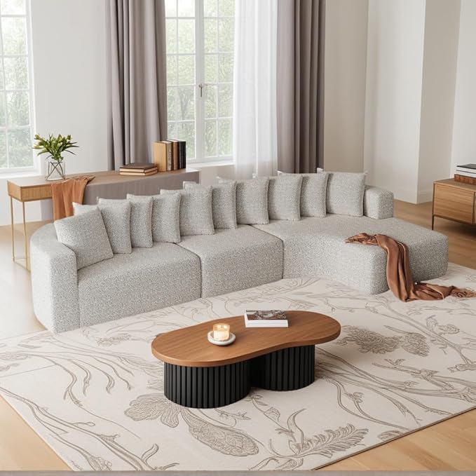 KEIKI 131.1 Curved Sectional Sofa Set Oversized Cloud Couch with 10 Pillows Deep Seat Right Facing Sofa for Living Room Guest Bedroom No Assembly Required Light Khaki