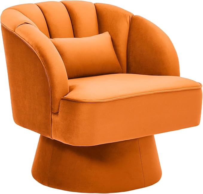 Garvee Ultra-Plush Swivel Accent Chair 360° Barrel Lounge Chair with Cloud-Like Padding &amp Modern Striped Backrest Velvet Upholstered Round Armchair for Living Bedroom Reading Nook - Orange - 1P