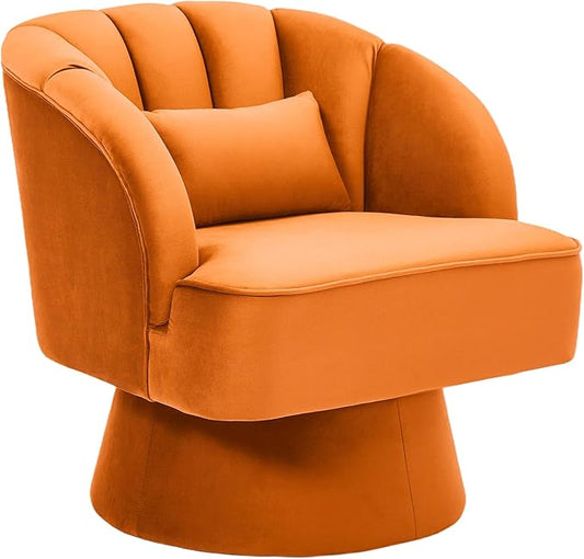 Garvee Ultra-Plush Swivel Accent Chair 360° Barrel Lounge Chair with Cloud-Like Padding &amp Modern Striped Backrest Velvet Upholstered Round Armchair for Living Bedroom Reading Nook - Orange - 1P