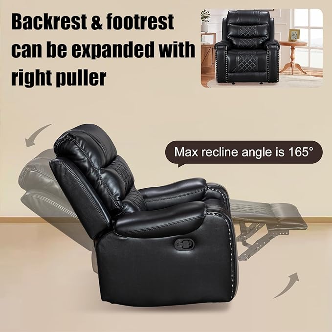 Manual Rocking Recliner Chair 36 Wide Black PU Leather with Diamond Stitching 350 lbs Capacity 90-165° Recline (Black)