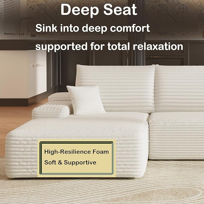 108 L-Shaped Sectional Corduroy Boneless Couch with Chaise Modern Modular Couches for Living Room Apartments Upholstered Cloud Sofa with Deep Seat No Assembly Required (White Left Facing Chaise)