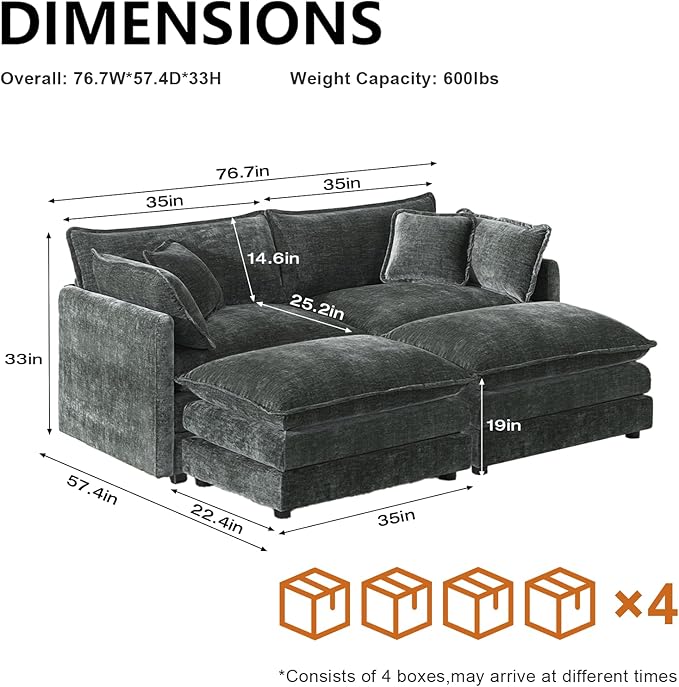 76.7” Modular Sectional Sofa U-Shaped Convertible Couches 2 Seater Chenille Deep Seat Cloud Couch with Pillows and 2 Ottomans for Living Room Apartment Office(Dark Grey)