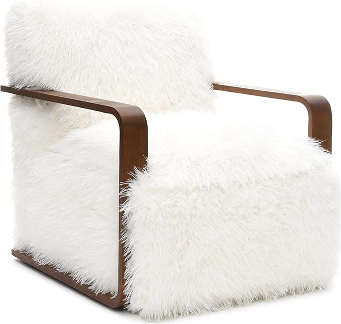Furniture of America Ramos Modern Lounge Chair with Ultra Soft Faux Fur Long-Haired Accent Sofa Tight Seat and Back Single Couch Fluffy Living Room Seating No Assembly Needed White