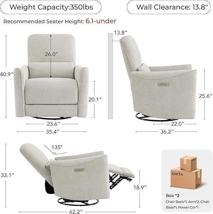 CHITA Oversized Power Recliner Chair Swivel Glider for Big and Tall FSC Certified Living Room Nursery Rocking Chair with Lumbar Support Dove Grey
