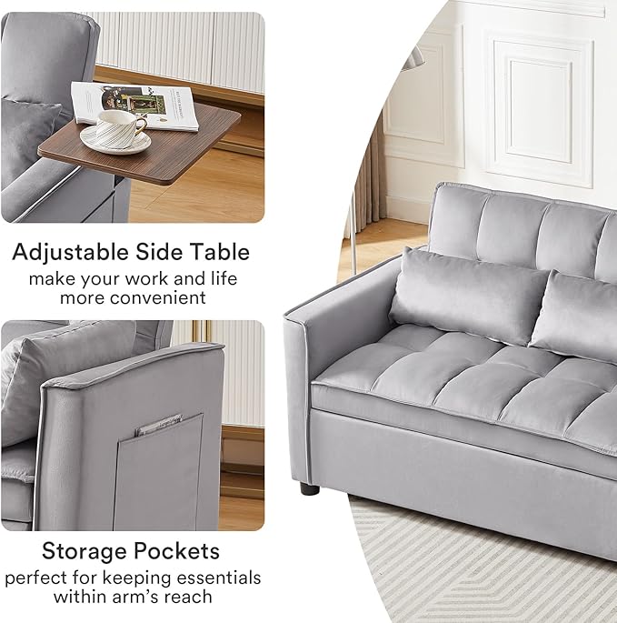 Rovibek 3 in 1 Convertible Sofa Bed Sleeper Pull Out Couch with Table Futon Loveseat Sofa Bed for Living Room with Adjustable Backrest 2 Pillows (Grey