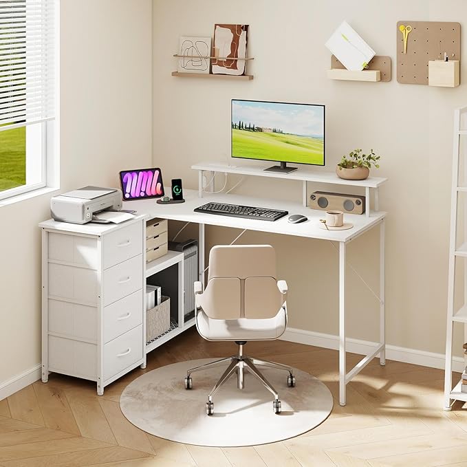 Somdot 53 L Shaped Desk with 4 DrawersReversible Home Office Desks with Power OutletsGaming Desk with USB Charging Port and Host StandCorner Desk with Storage Shelves for GamingWhite Leather