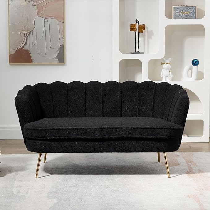 Anwick 59 Small Modern Chenille Loveseat Sofa 2-Seater Sofa with Gold Metal Legs Small Couch with Flower Shaped Back for Living Room Bedroom Office (Black)