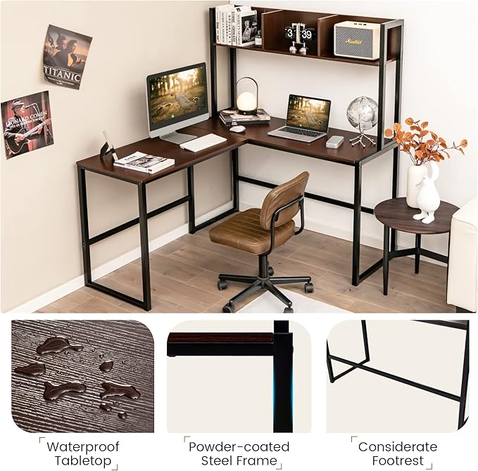 MEDIMALL L-Shaped Desk w/Storage Shelf Reversable Corner Desk Game Table w/Sturdy Metal Frame Multifunctional Computer Desk for Home Office (Teak)