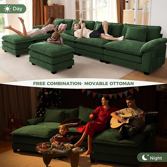 CDCASA 117 Oversized L-Shaped Modular Sectional Cloud Couch with Corner Comfy 4-Seat Sofa Chenille Deep Seat Modern Sofa Couch for Living Room Apartment DIY Combination Green