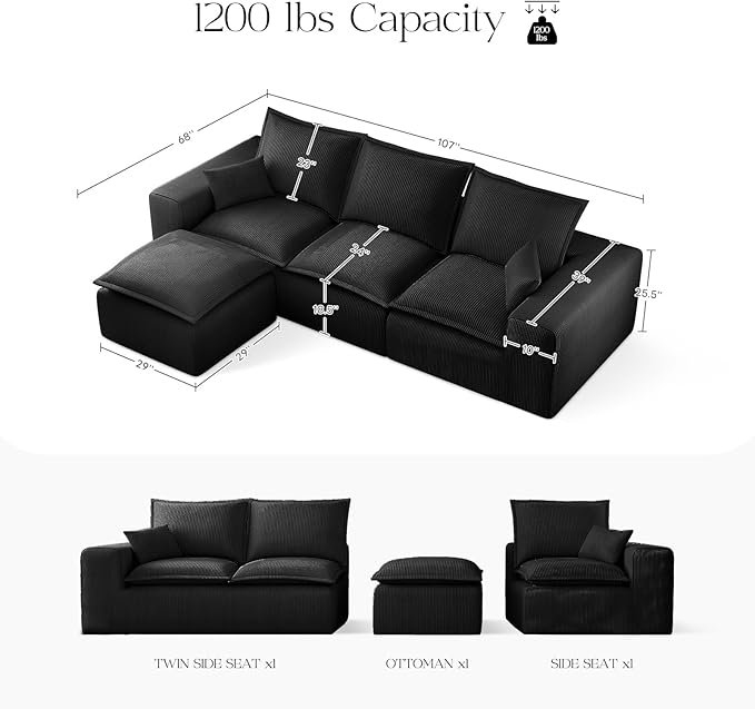 107 Comfy Cloud Couch with L-Shape Chaise &amp Deep Seat Modular Sectional Sofa in a Box Boneless Upholstered Couches for Living Room No Assembly Required (Soft Corduroy Black)