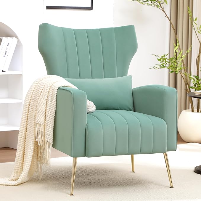 Accent Chairs Set of 2Upholstered Living Room ChairsHigh Back Arm Chairs with Metal Legs Lumbar Reading Chairs for Living RoomBedroom Apartment Lake Green