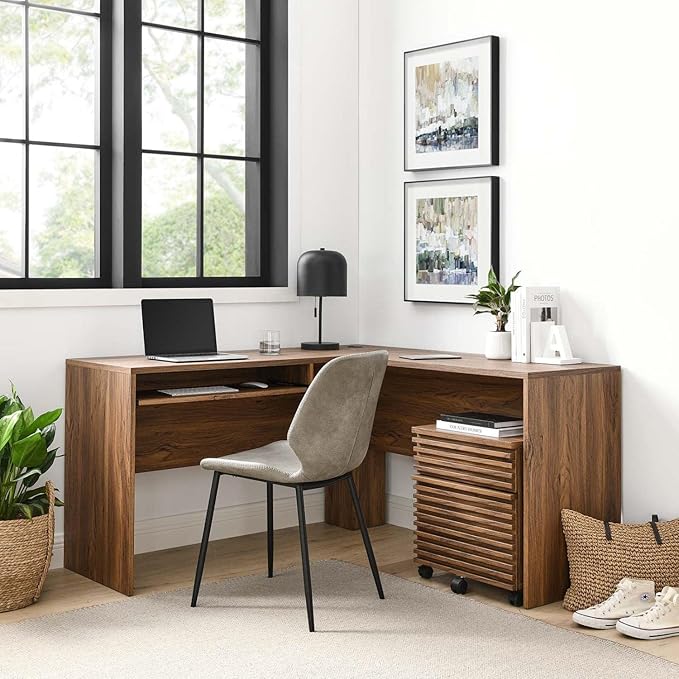 Modway Render Mid-Century Modern Office Desk and File Cabinet Set Walnut