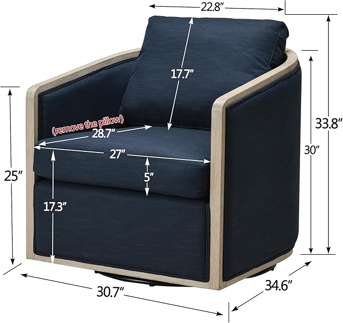 KINWELL Set of 2 Oak Wood Frame Modern Performance Fabric Swivel Barrel Armchair Mid Century Upholstered Accent Sofa Chair with Pillow Back for Living Room Lounge &amp Bedroom Indigo
