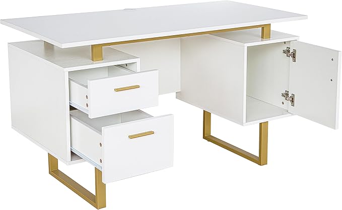 Techni Mobili Storage Drawers and Cabinet 51.25” W-Modern Office Large Floating Desktop Surface Desk 23.6 D x 51.2 W x 29.8 H White/Gold