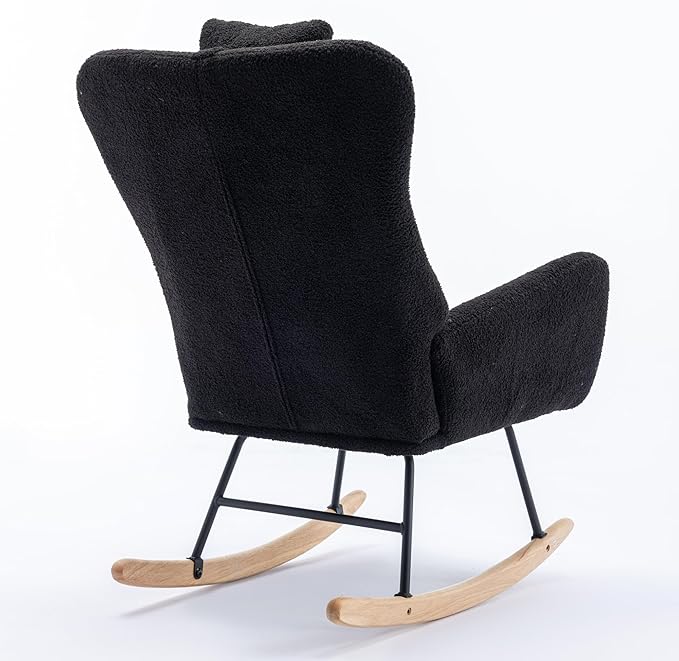 35.5 inch Rocking Chair Soft Teddy Fabric Rocking Chair for Nursery Comfy Wingback Glider Rocker with Safe Solid Wood Base for Living Room Bedroom Balcony (Black)