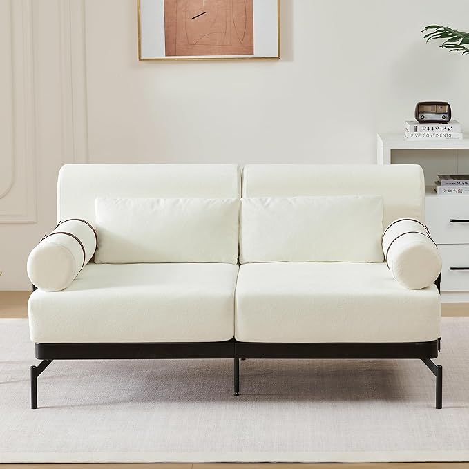 Ball &amp Cast Futon Sofa with Flexible USB Ports Modern Loveseat Sofa Couch 2-Seater Sofa with Unique Cylindrical Armrestsfor Small Spaces Living Room or Office Corduroy Futons Sofas (White)