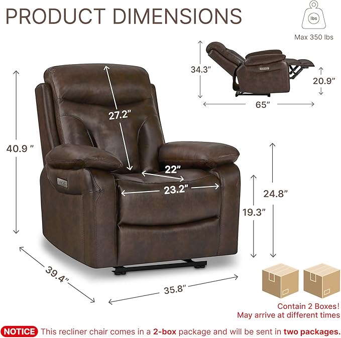 Power Recliner Chair Wall Hugger Recliner with Adjustable Headrest and Footrest Dual Motor Electric Faux Leather Reclining Sofa with USB/Type-C Charging for RV Living Room Bedroom