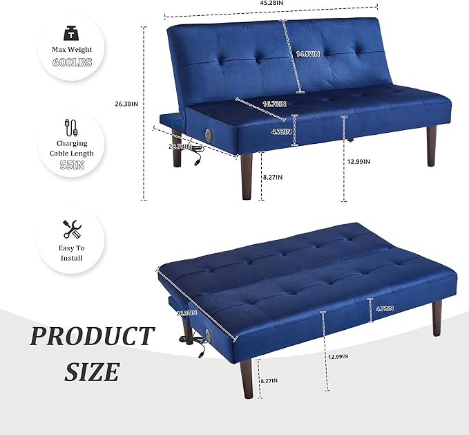 Anwick Convertible Futon Sofa Bed with Charging Port 45″ Folding Sleeper Sofa Adjustable Backrest Small Couch for Living Room Small Spaces Or Office Modern Loveseat (Blue)